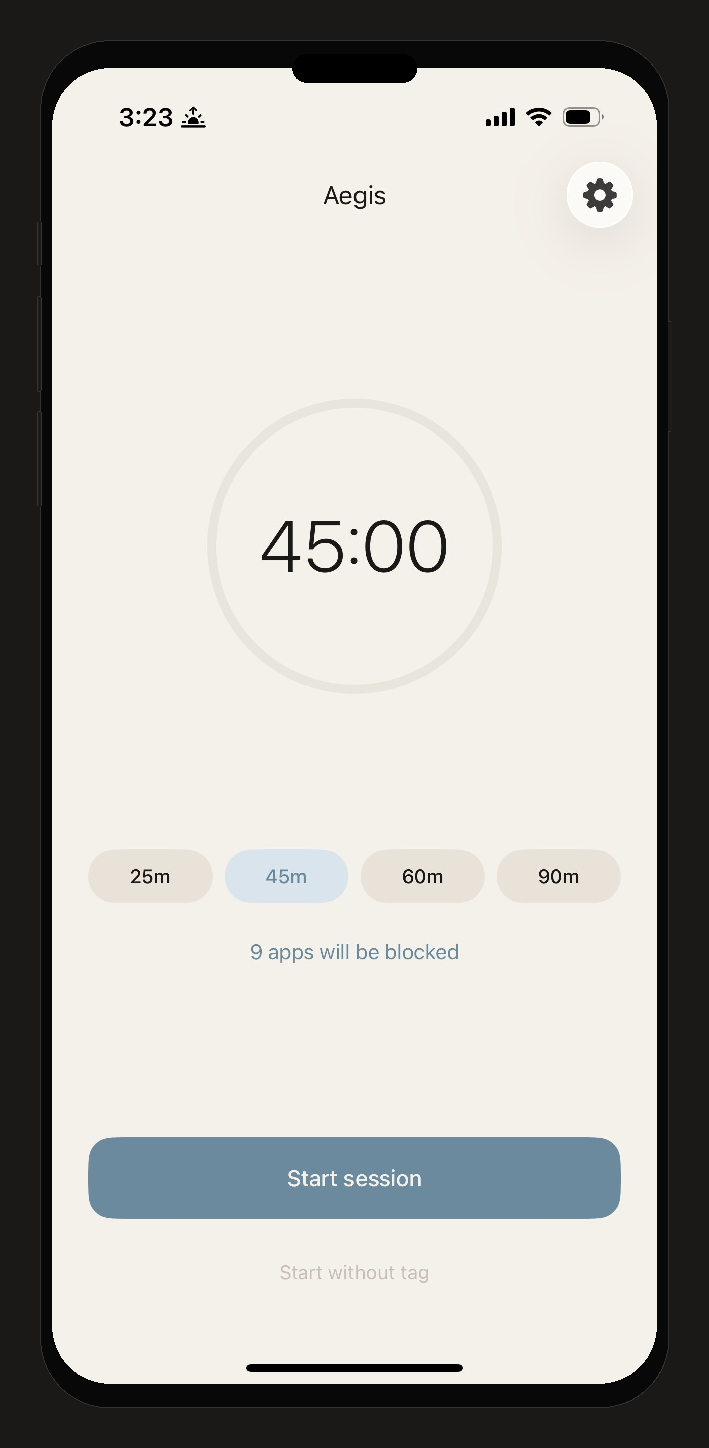 Aegis app - session screen showing a 45-minute timer with app blocking active